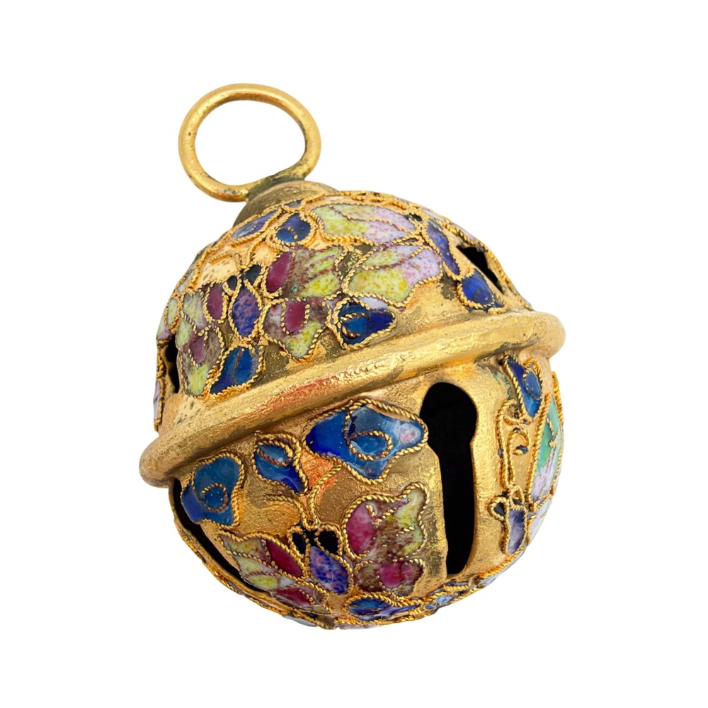 Vintage Cloisonne Enamel Jingle Bell Ornament Butterfly Floral Gold Tone Charm